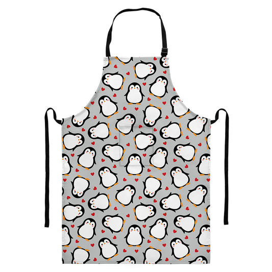Red Heart And Penguin Pattern Print Bib Apron With Pocket