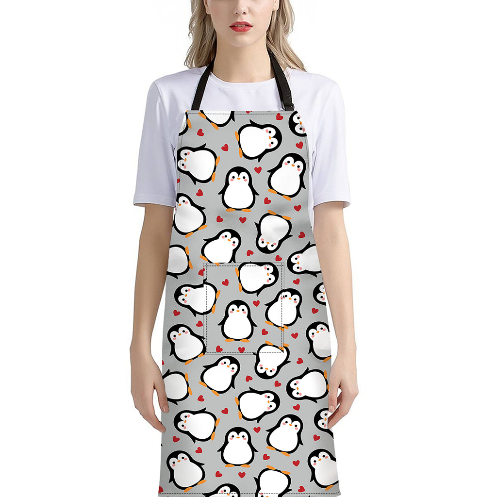 Red Heart And Penguin Pattern Print Bib Apron With Pocket