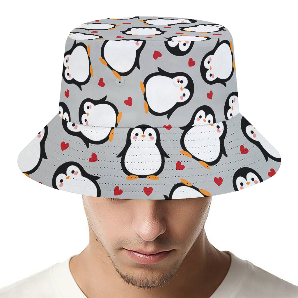 Red Heart And Penguin Pattern Print Bucket Hat