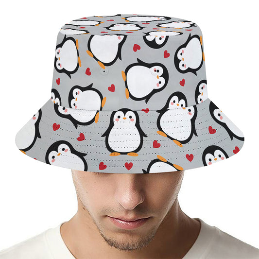 Red Heart And Penguin Pattern Print Bucket Hat