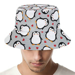 Red Heart And Penguin Pattern Print Bucket Hat