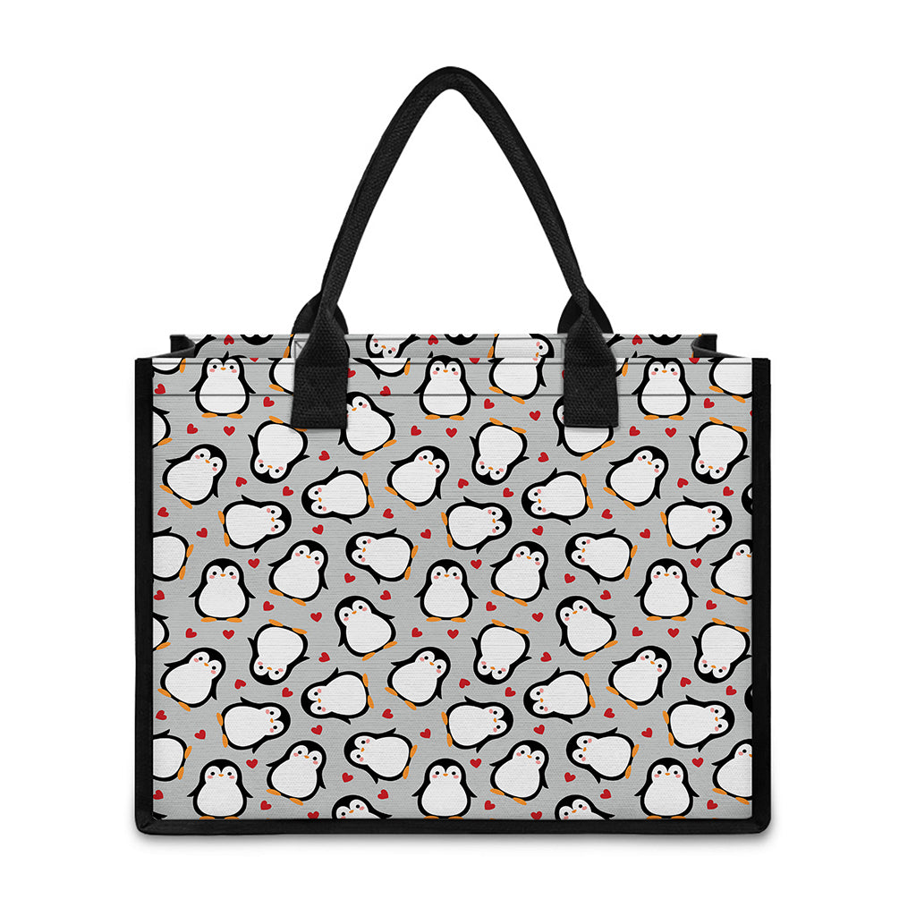 Red Heart And Penguin Pattern Print Canvas Tote Bag