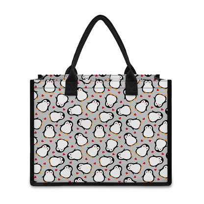 Red Heart And Penguin Pattern Print Canvas Tote Bag