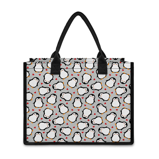 Red Heart And Penguin Pattern Print Canvas Tote Bag