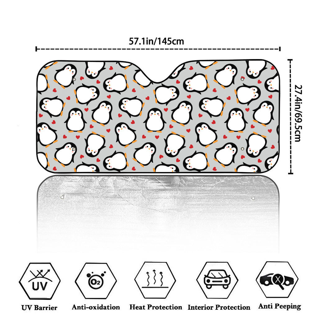 Red Heart And Penguin Pattern Print Car Windshield Sun Shade