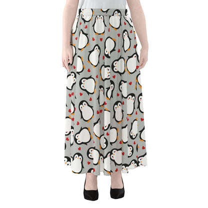 Red Heart And Penguin Pattern Print Chiffon Maxi Skirt