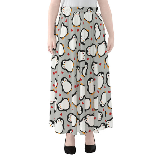 Red Heart And Penguin Pattern Print Chiffon Maxi Skirt