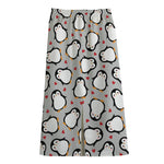 Red Heart And Penguin Pattern Print Cotton Front Slit Maxi Skirt