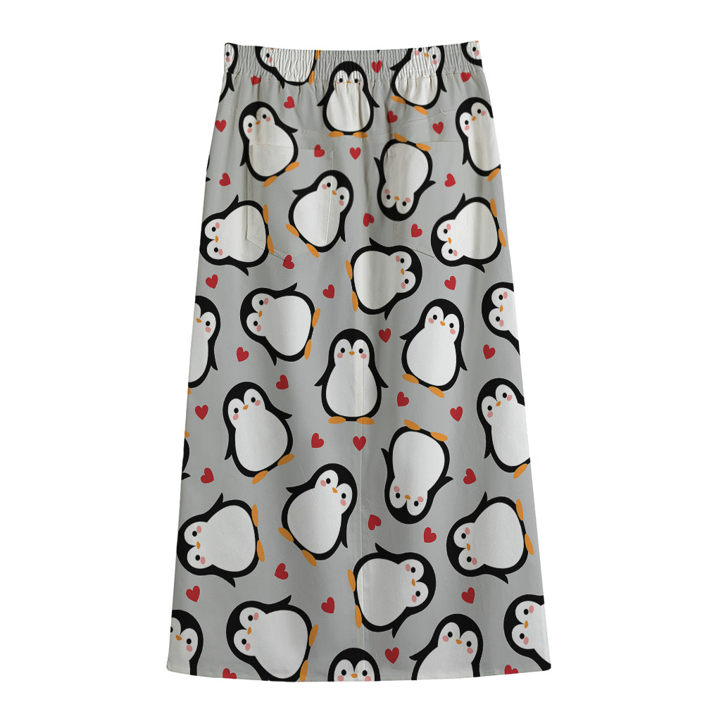 Red Heart And Penguin Pattern Print Cotton Front Slit Maxi Skirt