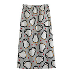 Red Heart And Penguin Pattern Print Cotton Front Slit Maxi Skirt