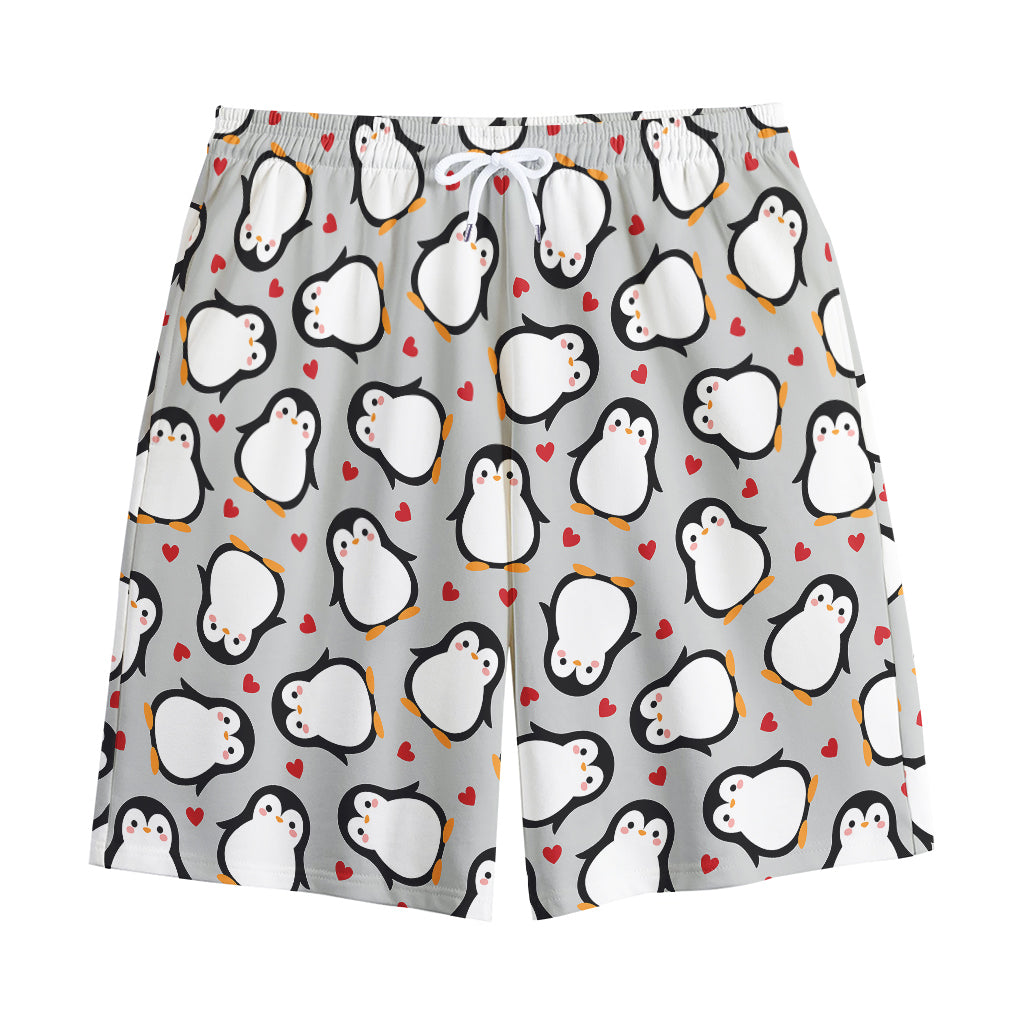 Red Heart And Penguin Pattern Print Cotton Shorts