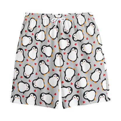 Red Heart And Penguin Pattern Print Cotton Shorts
