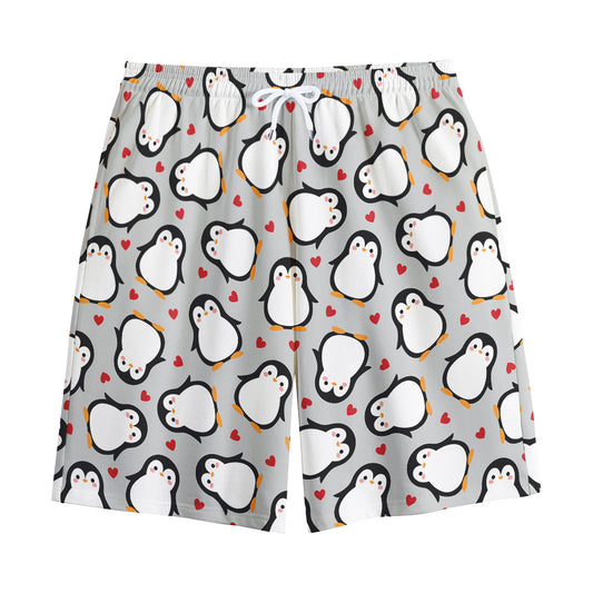 Red Heart And Penguin Pattern Print Cotton Shorts