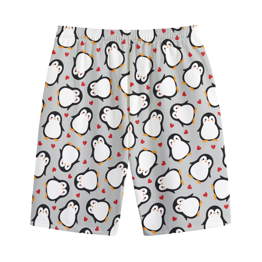 Red Heart And Penguin Pattern Print Cotton Shorts