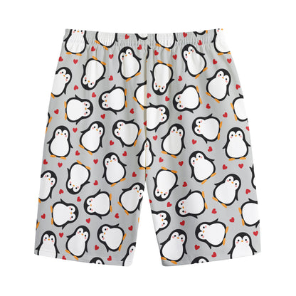 Red Heart And Penguin Pattern Print Cotton Shorts