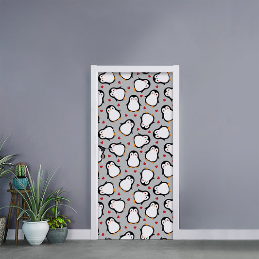 Red Heart And Penguin Pattern Print Door Sticker
