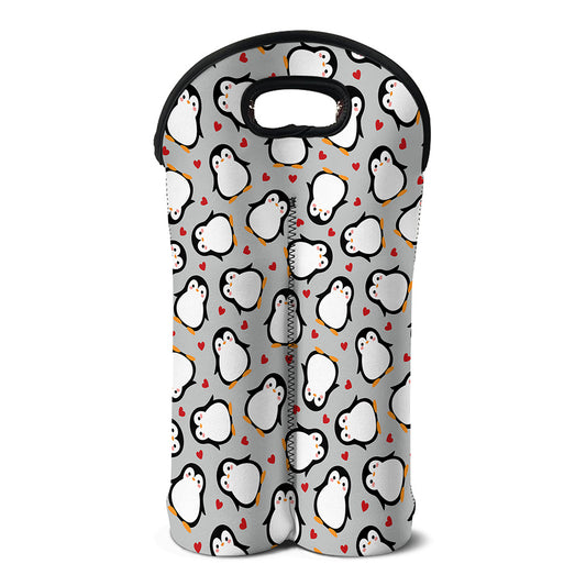 Red Heart And Penguin Pattern Print Double Neoprene Wine Tote
