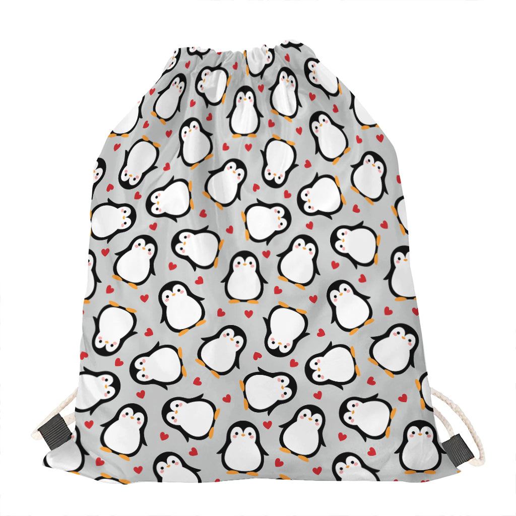 Red Heart And Penguin Pattern Print Drawstring Bag