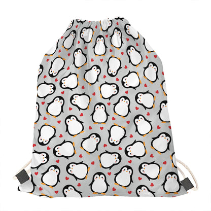 Red Heart And Penguin Pattern Print Drawstring Bag