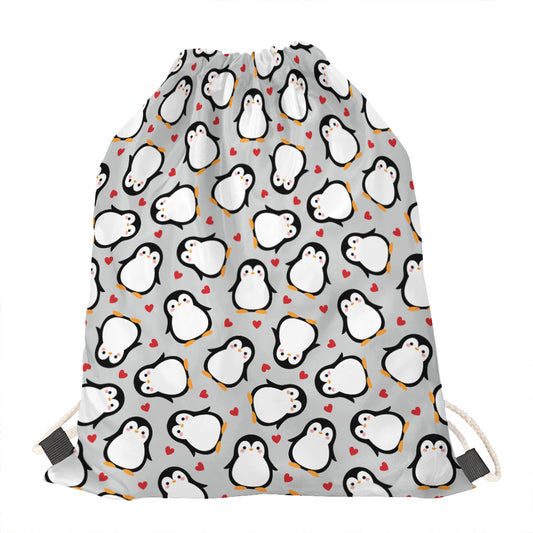 Red Heart And Penguin Pattern Print Drawstring Bag