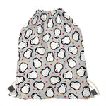 Red Heart And Penguin Pattern Print Drawstring Bag
