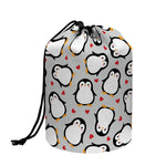 Red Heart And Penguin Pattern Print Drawstring Makeup Bag