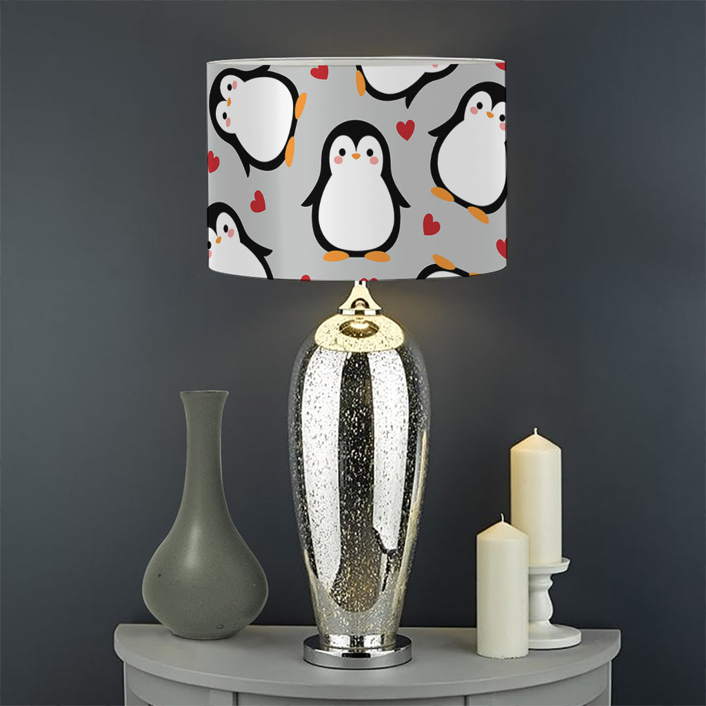 Red Heart And Penguin Pattern Print Drum Lamp Shade