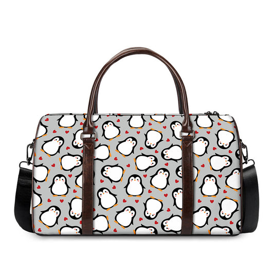 Red Heart And Penguin Pattern Print Duffle Bag