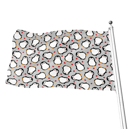 Red Heart And Penguin Pattern Print Flag