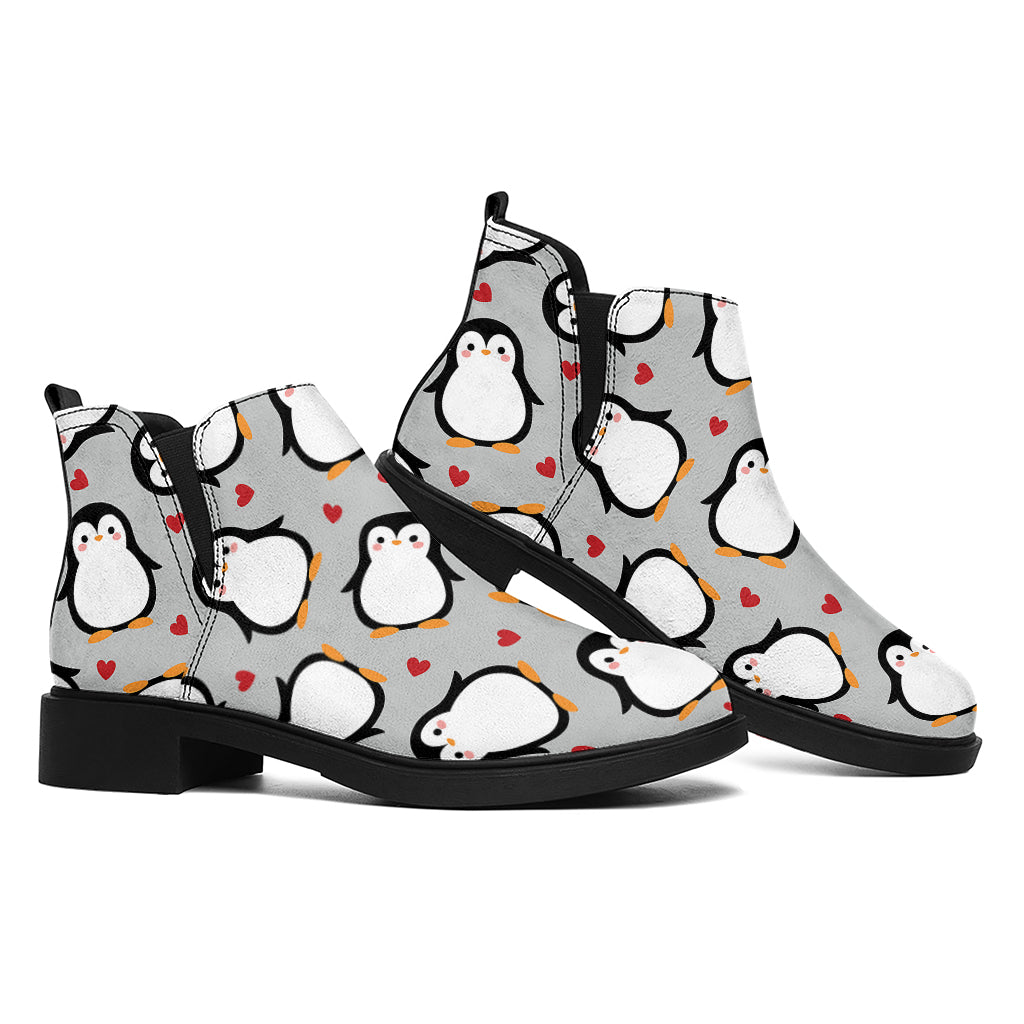 Red Heart And Penguin Pattern Print Flat Ankle Boots