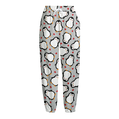 Red Heart And Penguin Pattern Print Fleece Lined Knit Pants