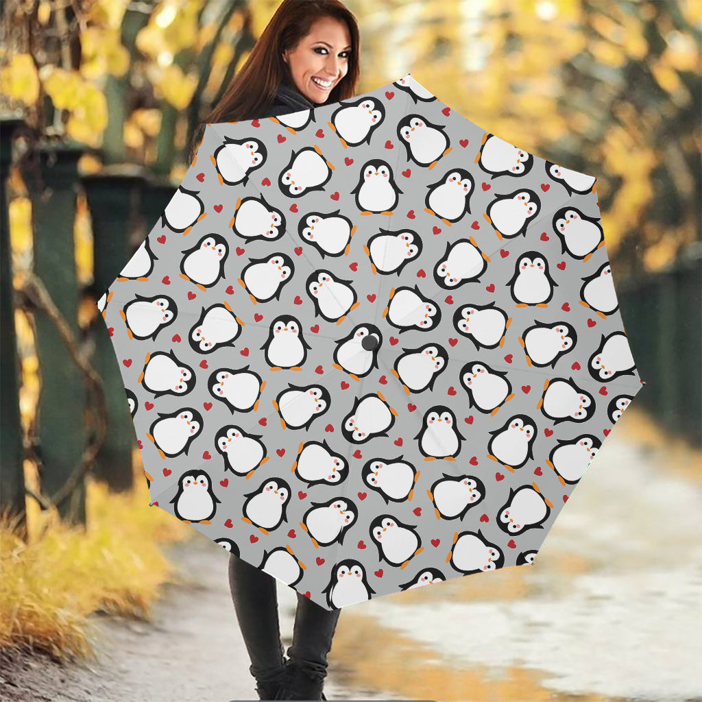 Red Heart And Penguin Pattern Print Foldable Umbrella
