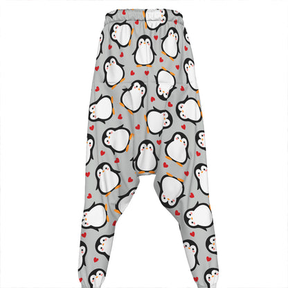 Red Heart And Penguin Pattern Print Hammer Pants