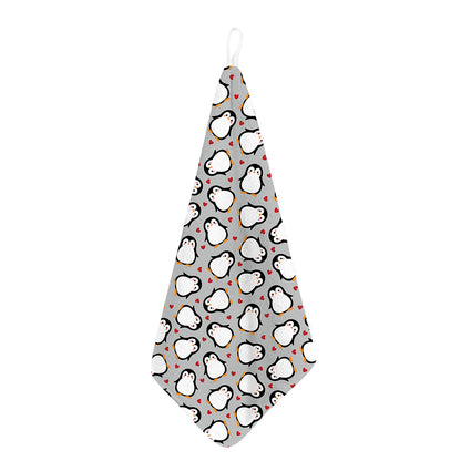 Red Heart And Penguin Pattern Print Hand Towel