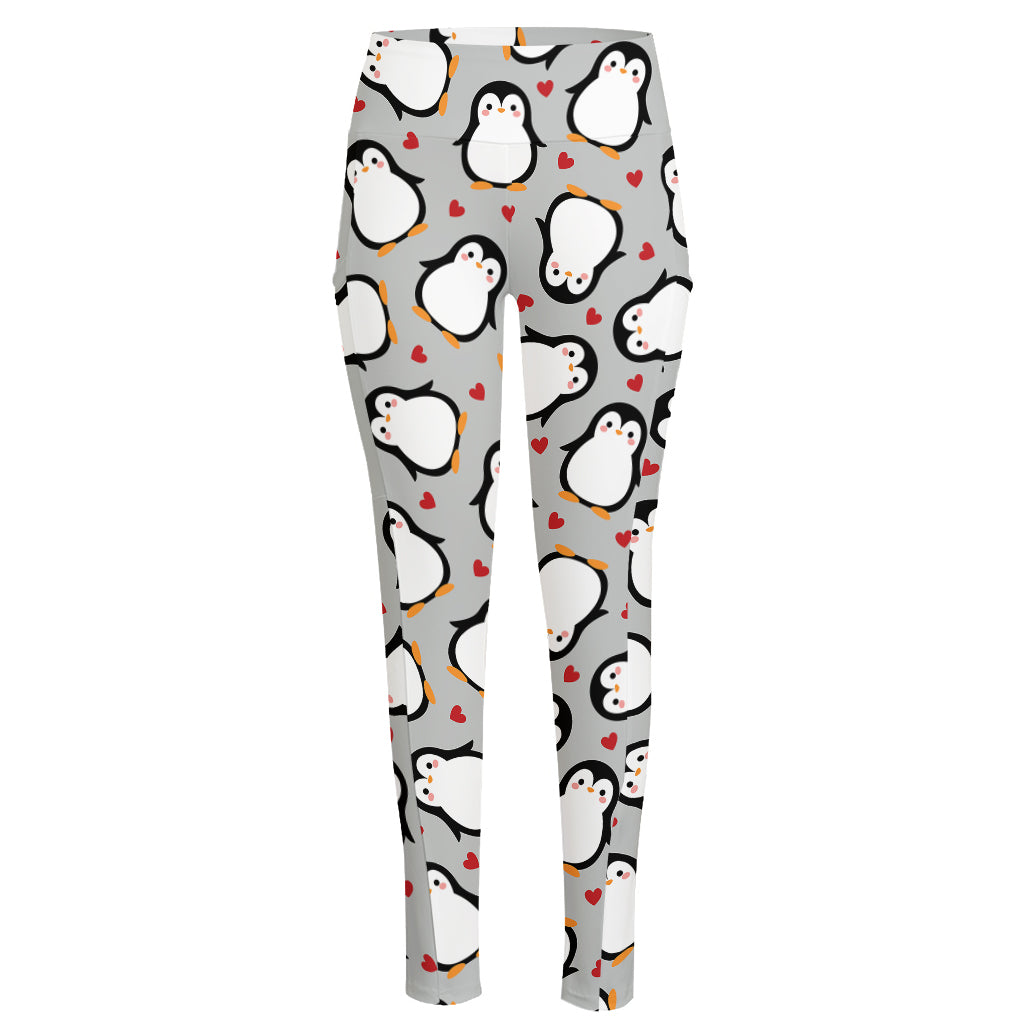 Red Heart And Penguin Pattern Print High-Waisted Pocket Leggings
