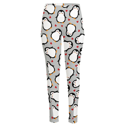 Red Heart And Penguin Pattern Print High-Waisted Pocket Leggings