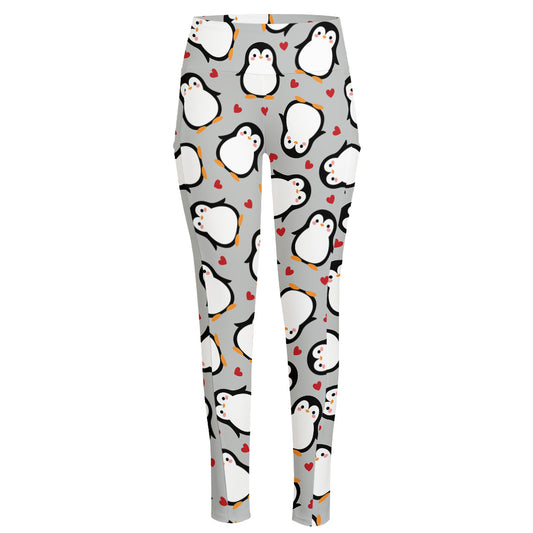 Red Heart And Penguin Pattern Print High-Waisted Pocket Leggings