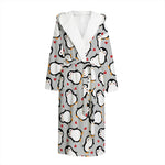 Red Heart And Penguin Pattern Print Hooded Bathrobe