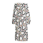 Red Heart And Penguin Pattern Print Hooded Bathrobe
