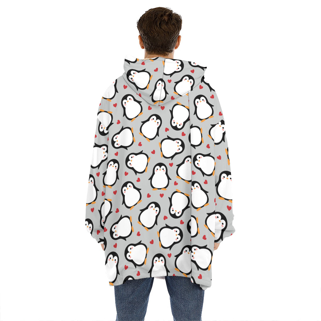 Red Heart And Penguin Pattern Print Hoodie Blanket