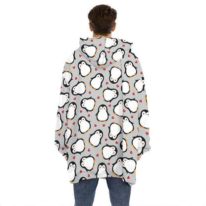 Red Heart And Penguin Pattern Print Hoodie Blanket
