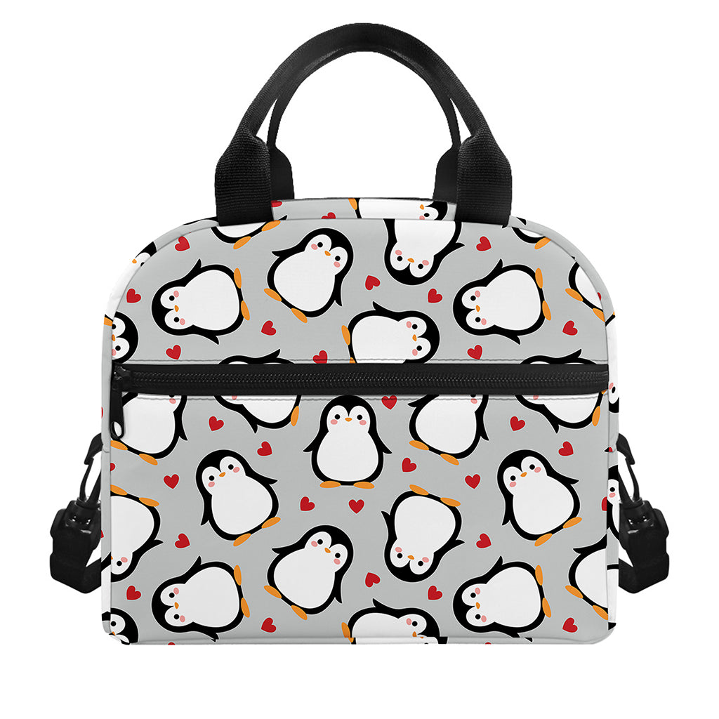 Red Heart And Penguin Pattern Print Insulated Lunch Bag