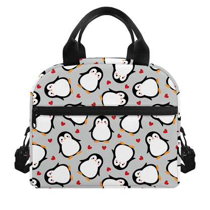 Red Heart And Penguin Pattern Print Insulated Lunch Bag