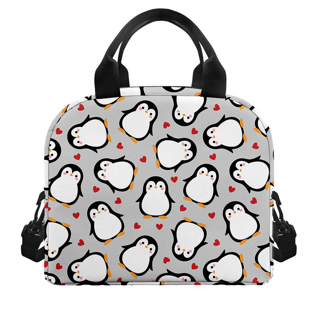 Red Heart And Penguin Pattern Print Insulated Lunch Bag