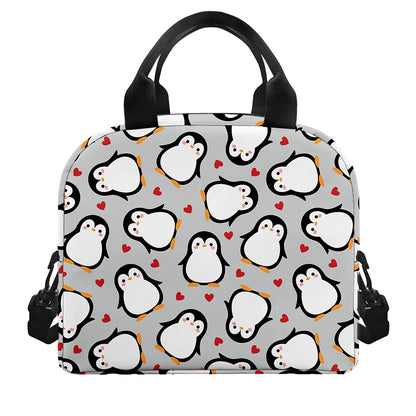 Red Heart And Penguin Pattern Print Insulated Lunch Bag