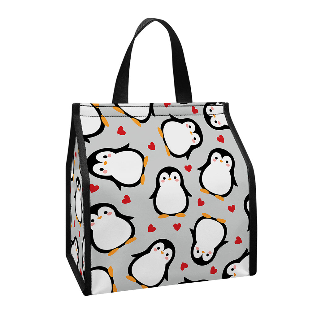 Red Heart And Penguin Pattern Print Insulated Lunch Tote