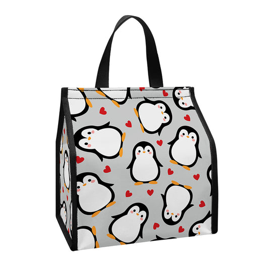 Red Heart And Penguin Pattern Print Insulated Lunch Tote