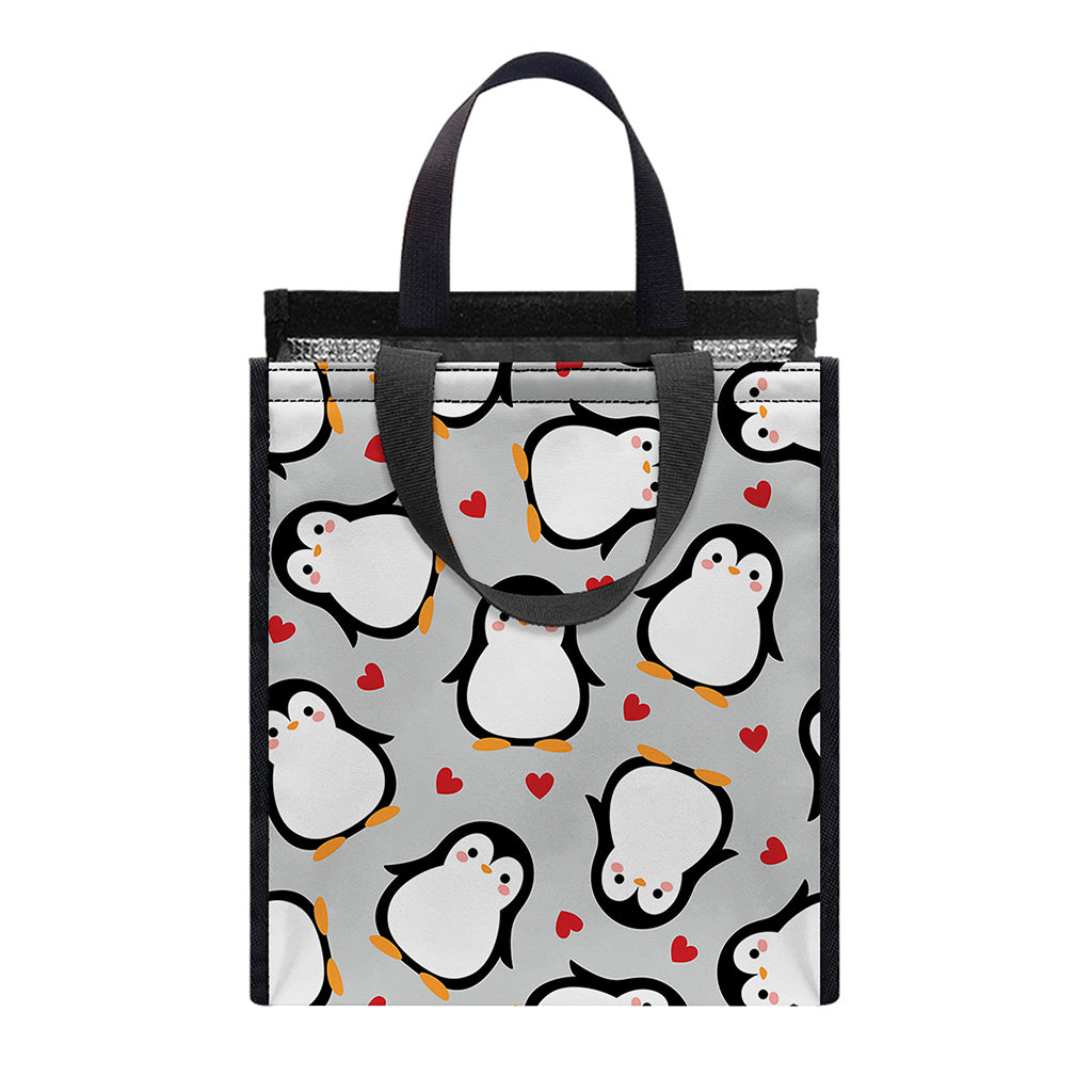 Red Heart And Penguin Pattern Print Insulated Lunch Tote