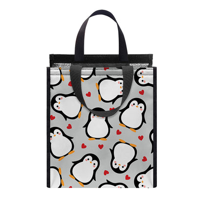 Red Heart And Penguin Pattern Print Insulated Lunch Tote