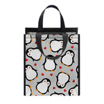 Red Heart And Penguin Pattern Print Insulated Lunch Tote